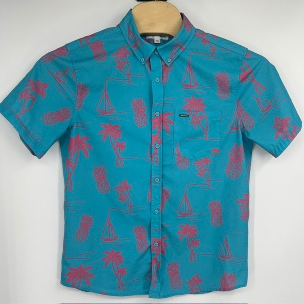 Vintage Summer Men's Medium Teal & Pink Pineapple Palm Tree Button Down Shirt